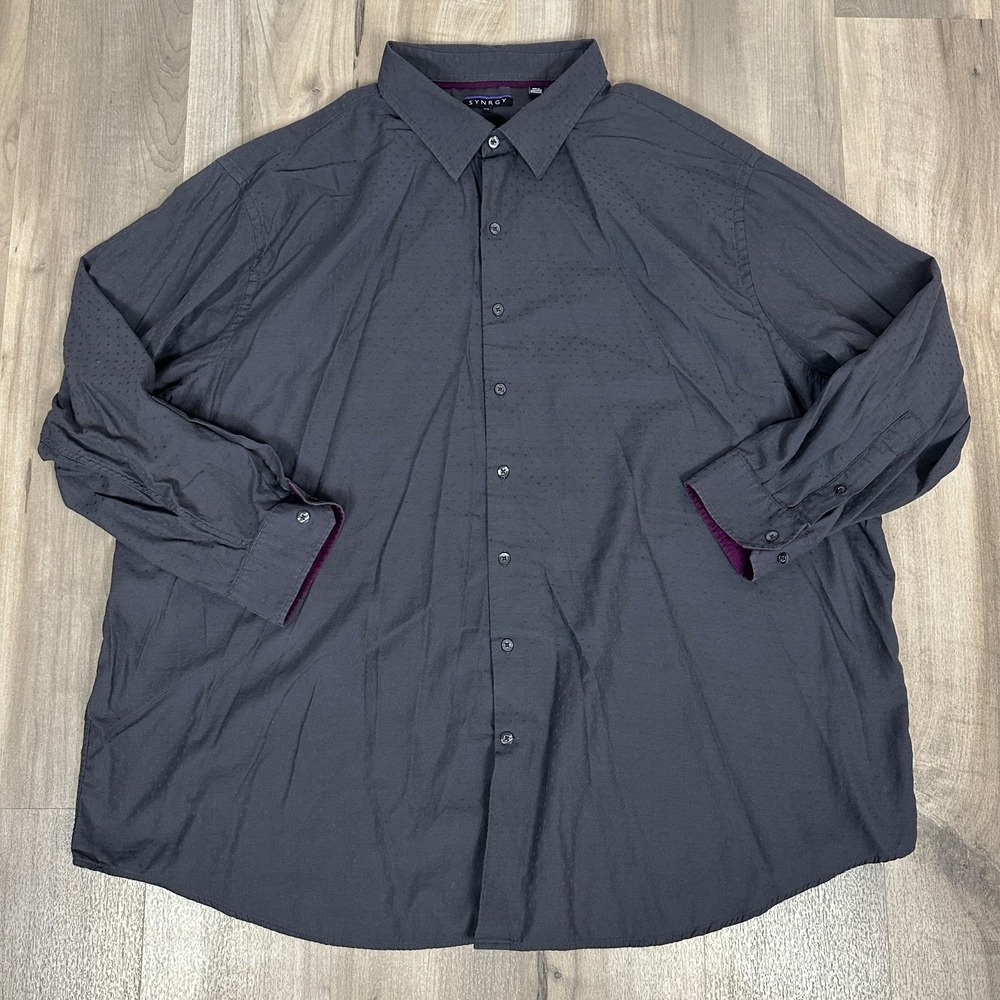 SYNRGY Men's 4XL Button Up Shirt Gray Textured Dot Long Sleeve Cotton Big & Tall